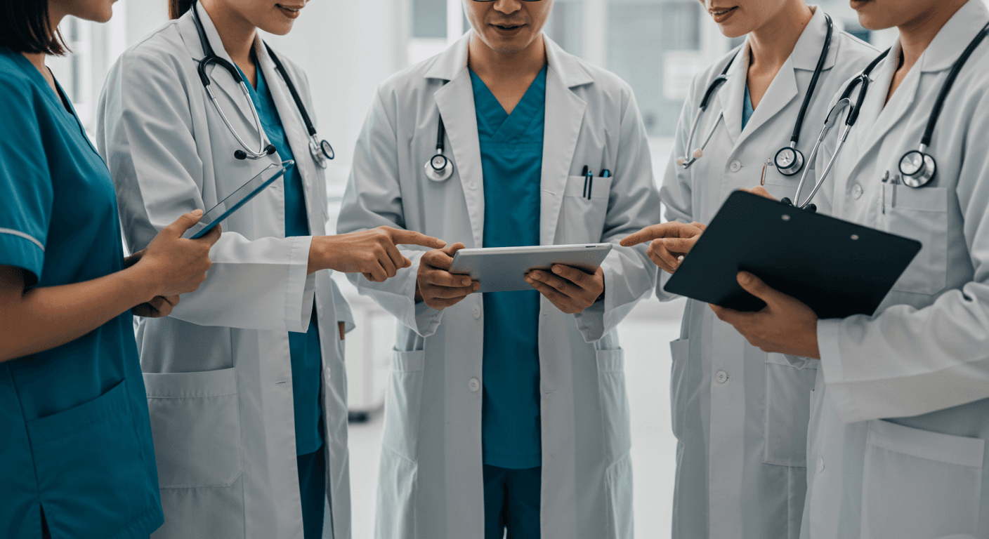 Medical team reviewing information on a tablet